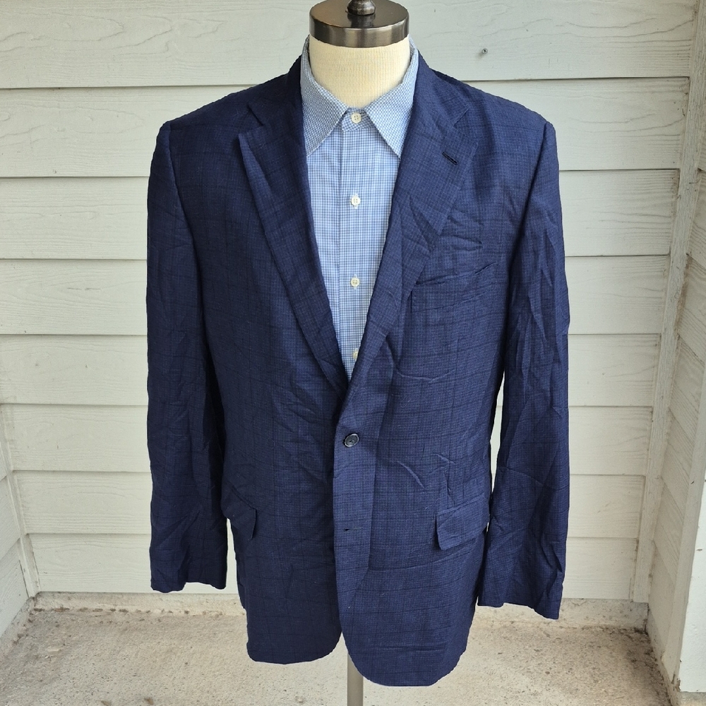 BELVEST Italy Dark Blue Black Plaid Super 150s Wool Silk Sz 44 L Mens Sport Coat